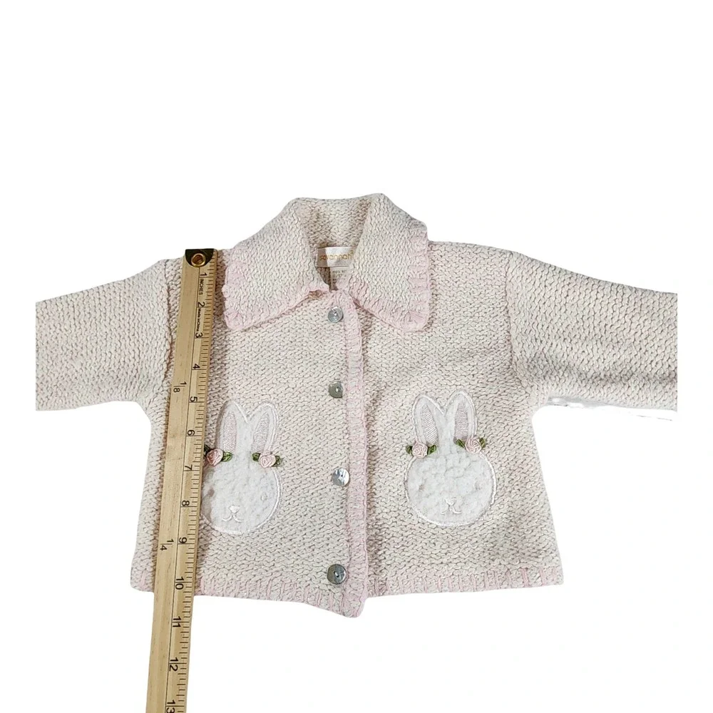 Vintage Savannah Baby Pink Cream Knit Bunny Cardigan Sweater 6/12‎ Months